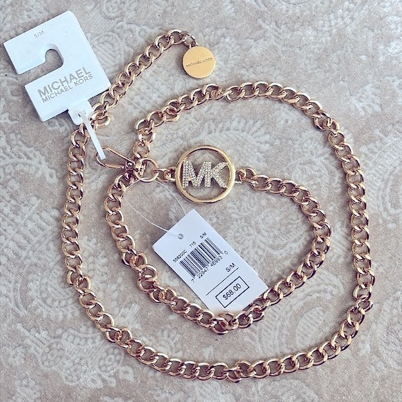 Brand New Michael Kors Gold Tone Metal Chain Belt Rhinestone Logo Buckle Cinched